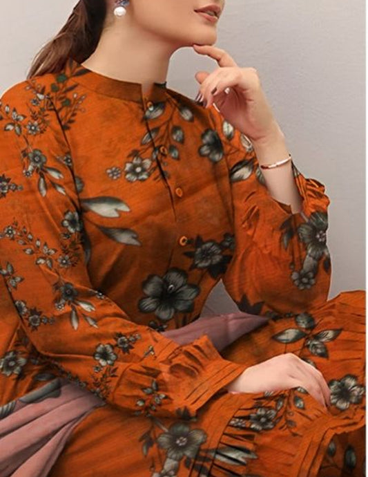 Rust Orange Lawn Bana Dora Suit with Smoky Grey Floral Print & Printed Dupatta  (Unstitched) 3 piece