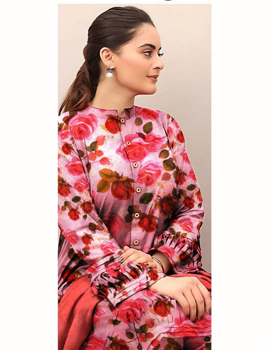 Premium Pink Rose Digital Lawn (Unstitched)3 Piece