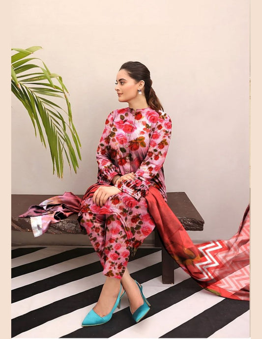 Premium Pink Rose Digital Lawn (Unstitched)3 Piece