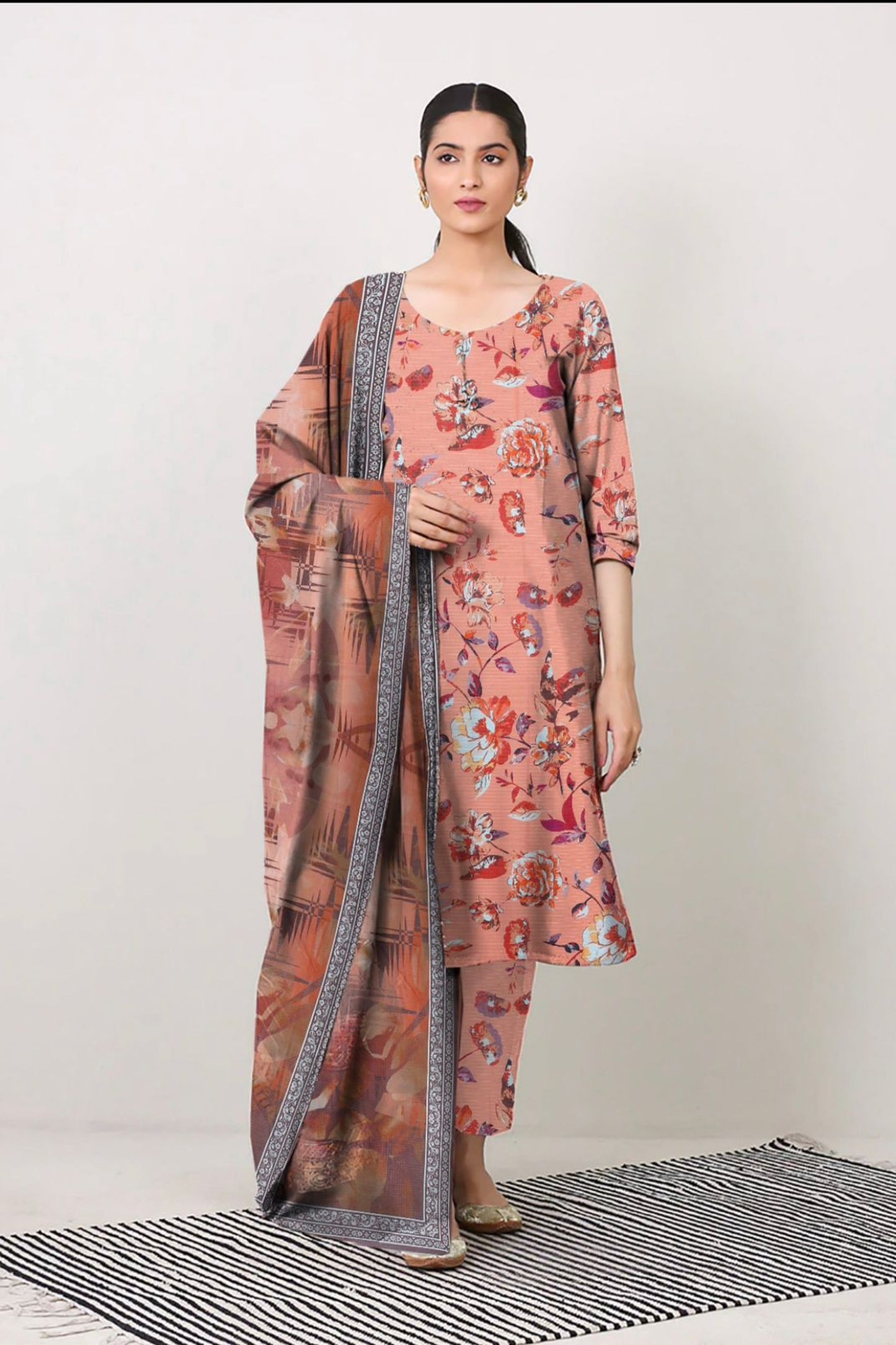 3-Piece Premium Unstitched Peach Blossom Digital Floral Lawn Suit