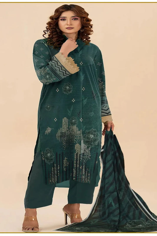 3-Piece Premium Deep Green Printed  Lawn Suit(Unstitched)