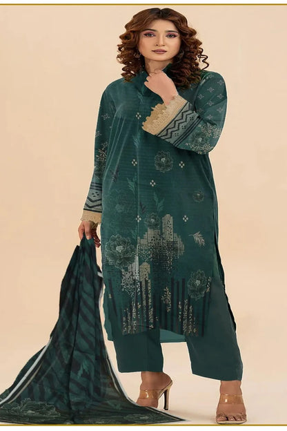 3-Piece Premium Deep Green Printed Lawn Suit(Unstitched)