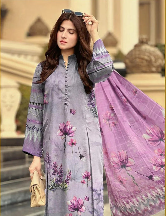 Premium Light Purple Floral Printed Lawn Suit (Unstitched) 3 piece