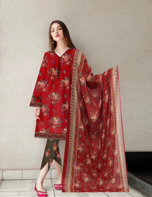 3-pc Premium Crimson Red Floral Unstitched Lawn Suit