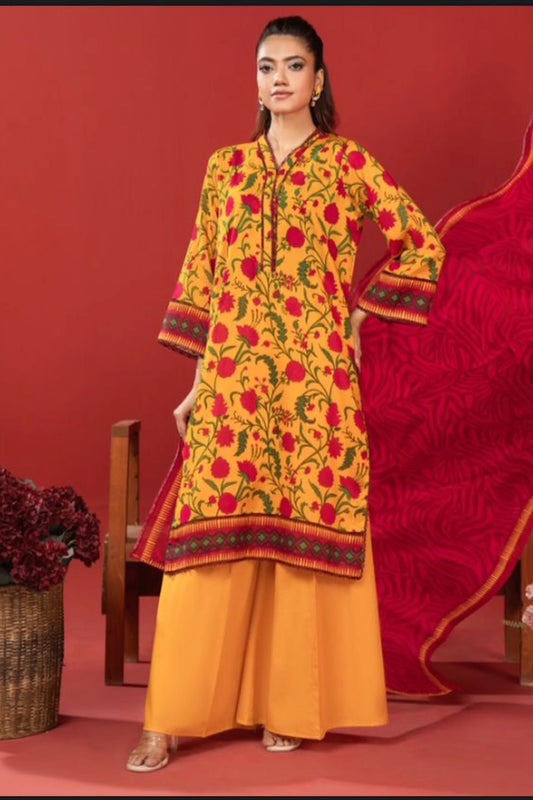 3‑Piece Mustard & Crimson Floral Lawn Suit | Unstitched