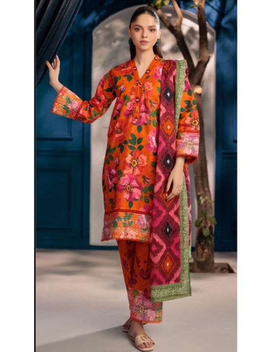 RUTBA by Orang – Tangerine Coral Digital Floral Lawn Suit (Unstitched) 3 piece