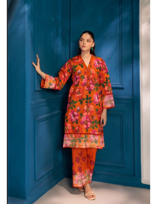 RUTBA by Orang – Tangerine Coral Digital Floral Lawn Suit (Unstitched) 3 piece