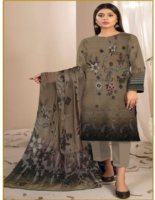 Premium Bana Dora Olive Brown Floral Printed Lawn Suit (Unstitched) 3 piece