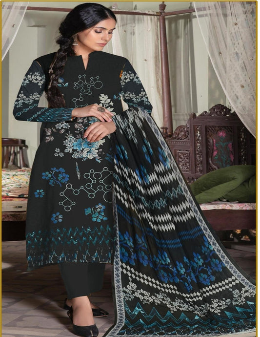 Premium Classic Black and Blue Floral Printed Bona Dora Lawn Suit (Unstitched) 3 Piece
