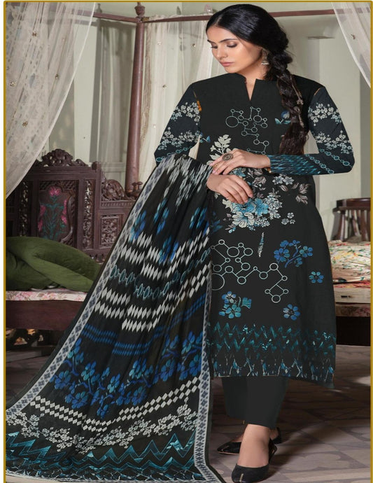 Premium Classic Black and Blue Floral Printed Bona Dora Lawn Suit (Unstitched) 3 Piece