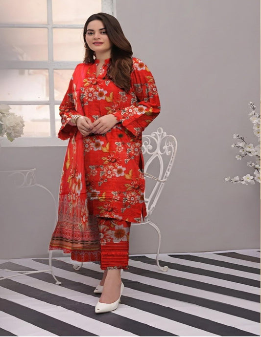 Bright Red Floral Digital Lawn Suit (Unstitched)3 piece