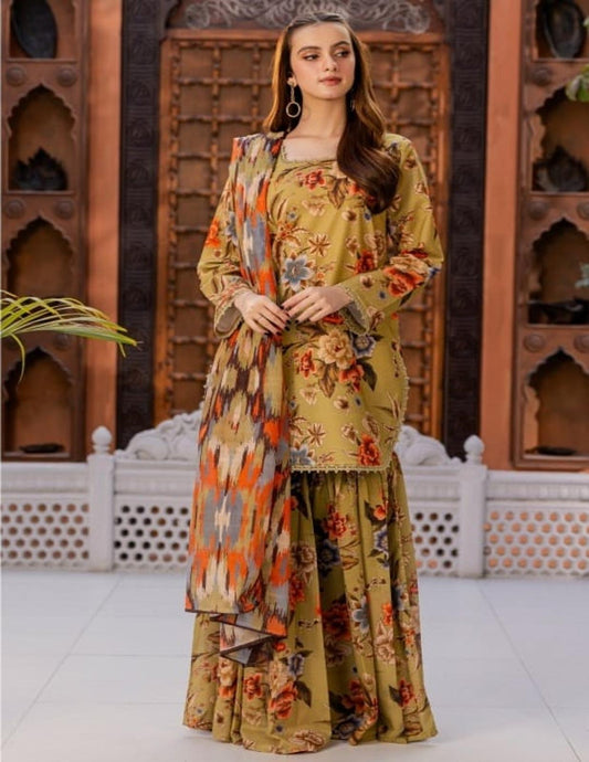 RUTBA by Orang –Mustard Olive Digital Floral Lawn  Suit (Unstitched) 3 piece