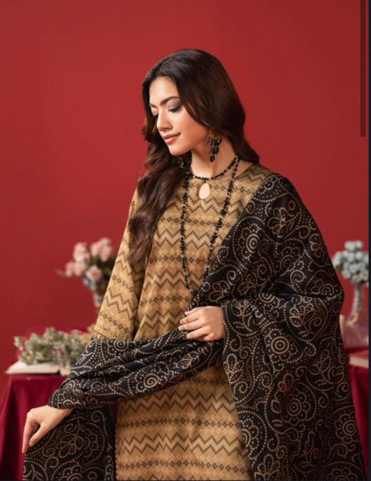 Orang Camel & Black Paisley Lawn Suit | Unstitched 3‑Piece