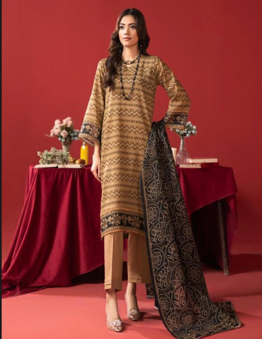 Orang Camel & Black Paisley Lawn Suit | Unstitched 3‑Piece