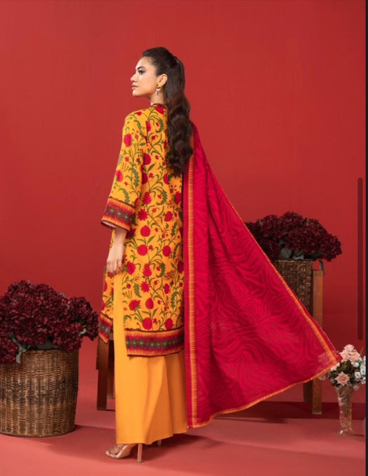 Orang Mustard & Crimson Floral Lawn Suit | Unstitched 3‑Piece