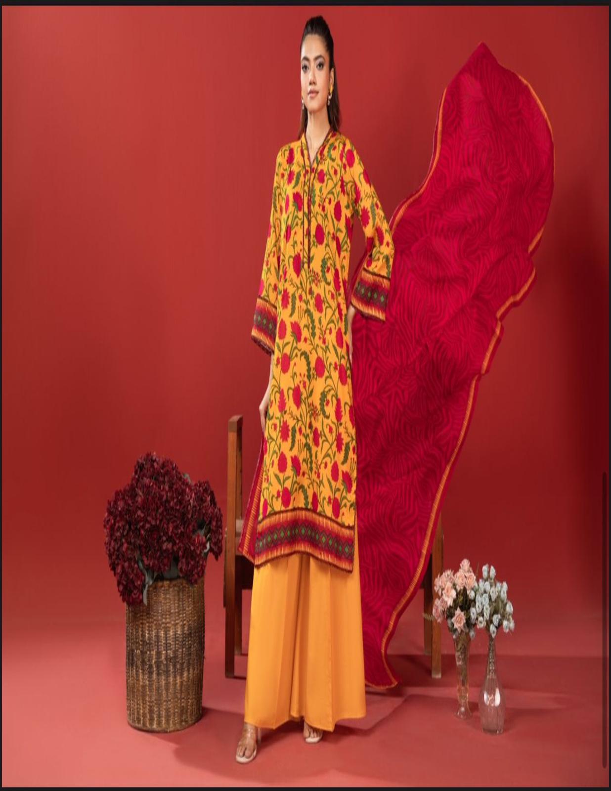 Orang Mustard & Crimson Floral Lawn Suit | Unstitched 3‑Piece