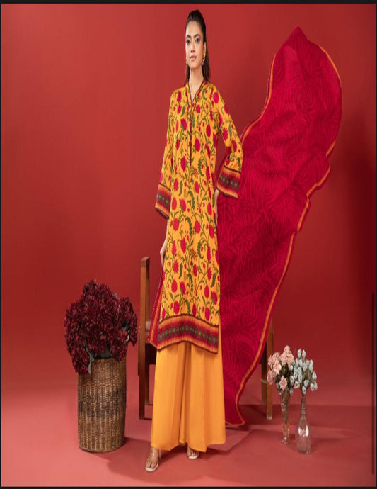Orang Mustard & Crimson Floral Lawn Suit | Unstitched 3‑Piece
