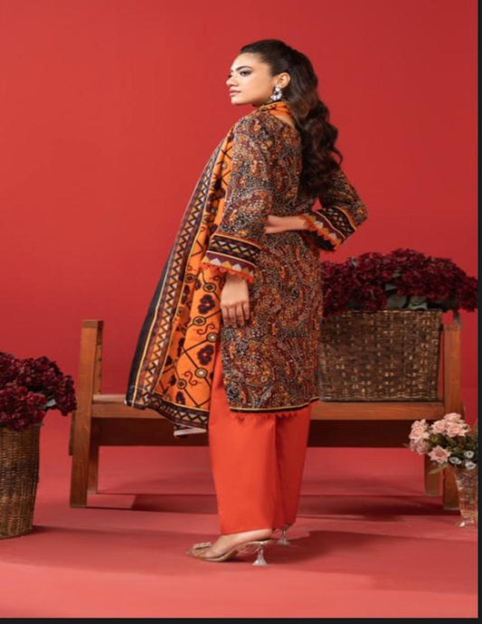 Orang Rust & Tangerine Mosaic Lawn Suit | Unstitched 3‑Piece