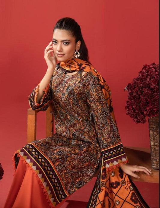 Orang Rust & Tangerine Mosaic Lawn Suit | Unstitched 3‑Piece