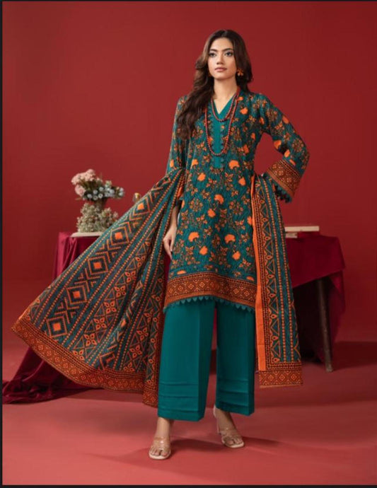 Orang Teal & Orange Floral Lawn Suit | Unstitched 3‑Piece