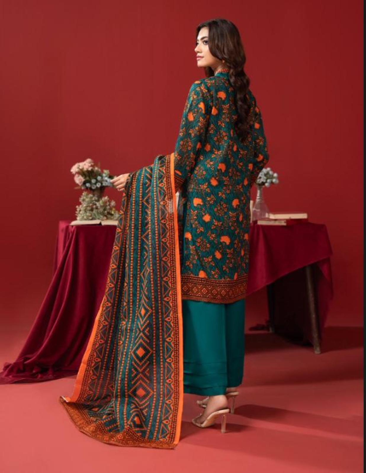 Orang Teal & Orange Floral Lawn Suit | Unstitched 3‑Piece
