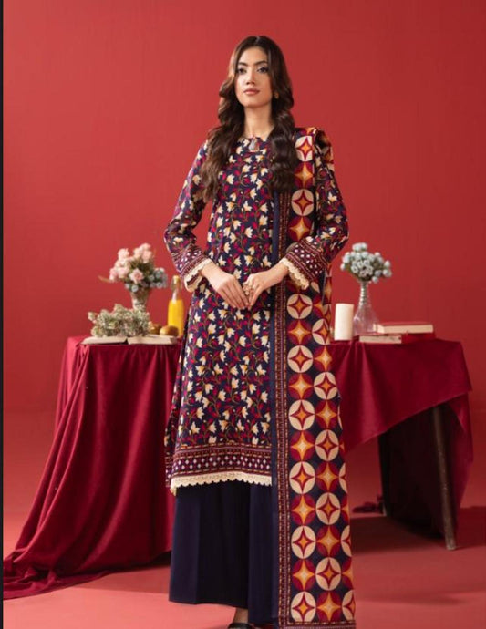 Orang Navy & Maroon Geo‑Floral Lawn Suit | Unstitched 3‑Piece