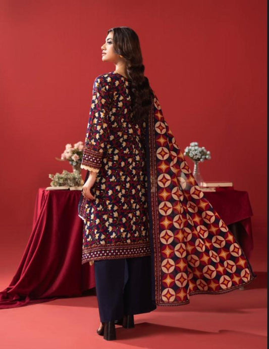 Orang Navy & Maroon Geo‑Floral Lawn Suit | Unstitched 3‑Piece