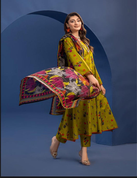 Orang EMIRA Olive Green Floral 3-Piece Unstitched Lawn Suit