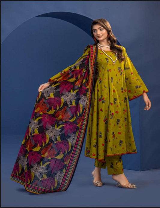 Orang EMIRA Olive Green Floral 3-Piece Unstitched Lawn Suit