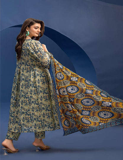 Orang Beige & Navy Ikat 3-Piece Unstitched Lawn Suit