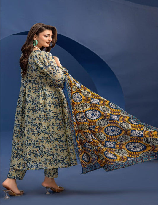 Orang Beige & Navy Ikat 3-Piece Unstitched Lawn Suit