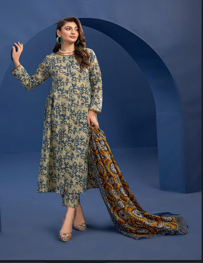 Orang Beige & Navy Ikat 3-Piece Unstitched Lawn Suit