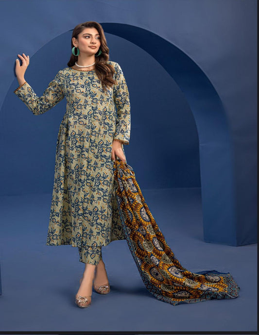 Orang Beige & Navy Ikat 3-Piece Unstitched Lawn Suit