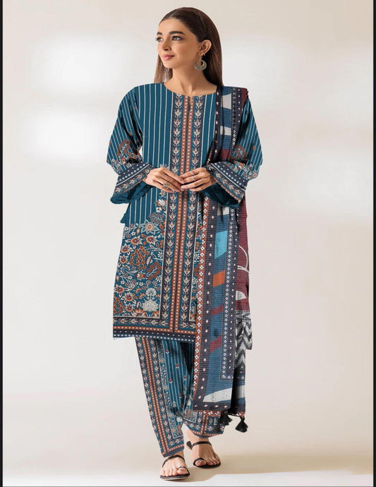 Orang Teal Bloom Unstitched 3-Piece Printed Lawn Suit