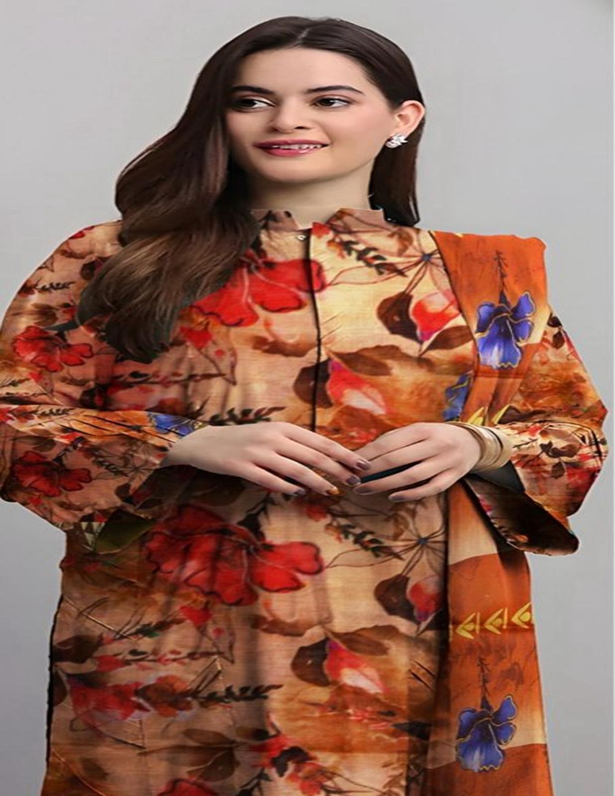 Beige Floral Lawn Suit with Multicolor Dupatta & Bold Red-Blue Blooms – (Unstitched) 3 piece