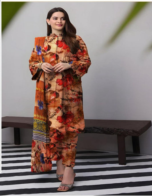 Beige Floral Lawn Suit with Multicolor Dupatta & Bold Red-Blue Blooms – (Unstitched) 3 piece