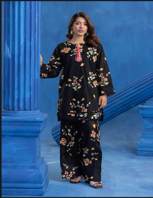 Orang Black Floral  Unstitched 2 Piece Lawn Suit