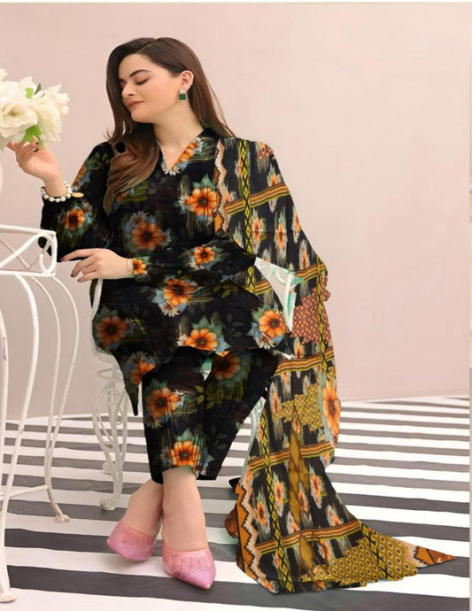 Safwa Premium Black Lawn Suit with Bold Orange Floral and Tribal Print (Unstitched) 3 piece