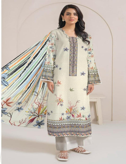 Elegant Off-White Digital Printed Bana Dora Lawn Suit  (Unstitched) 3 piece