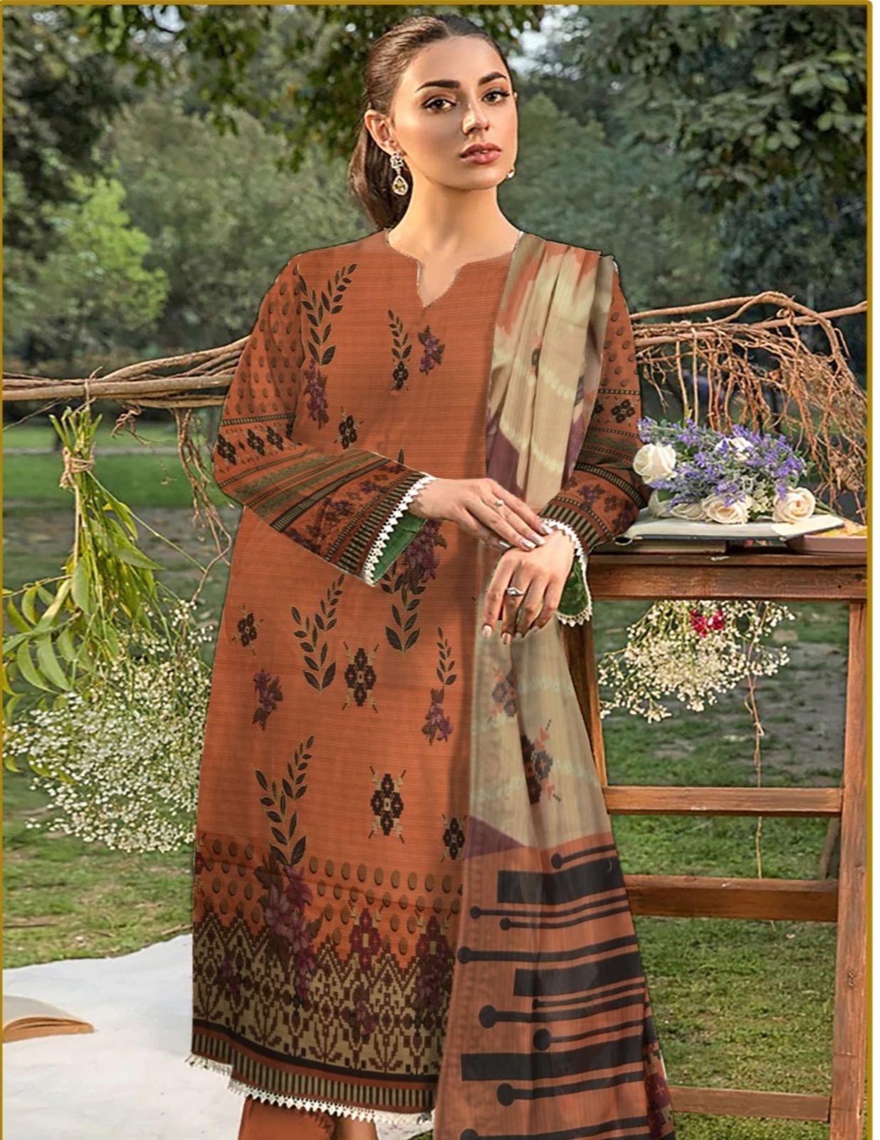 3-Piece Bana Dora Lawn Suit (Unstitched)