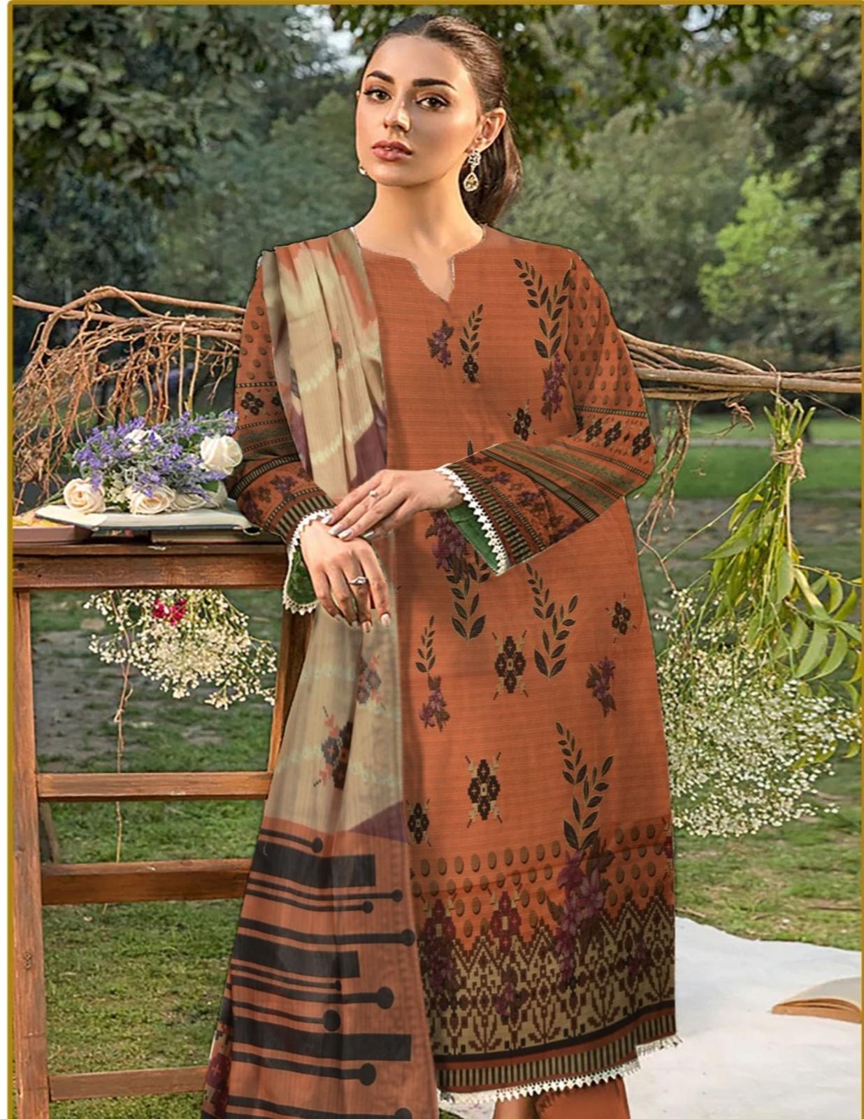 3-Piece Bana Dora Lawn Suit (Unstitched)