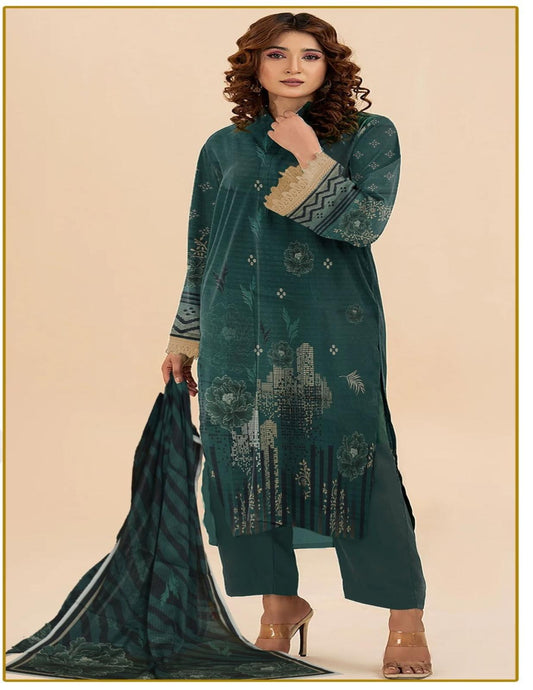 Premium Deep Green Printed Bana Dora Lawn Suit  (Unstitched) 3 piece