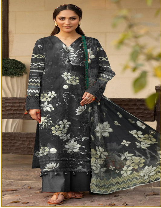 Premium Bonanza Charcoal Black Printed Lawn Suit (Unstitched) 3 piece