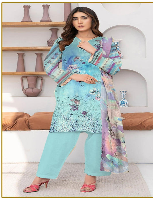 Sky Blue Floral Printed Lawn Suit (Unstitched) 3 piece