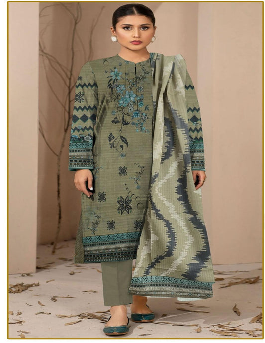 Olive Green Embroidered Lawn Suit (Unstitched)3 Piece