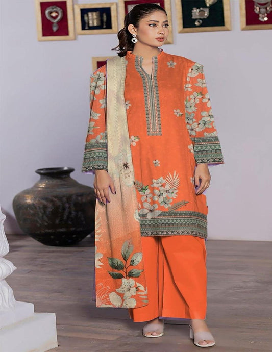 Bana Dora Lawn Bright Orange Floral Printed Lawn Suit (Unstitched)3 piece