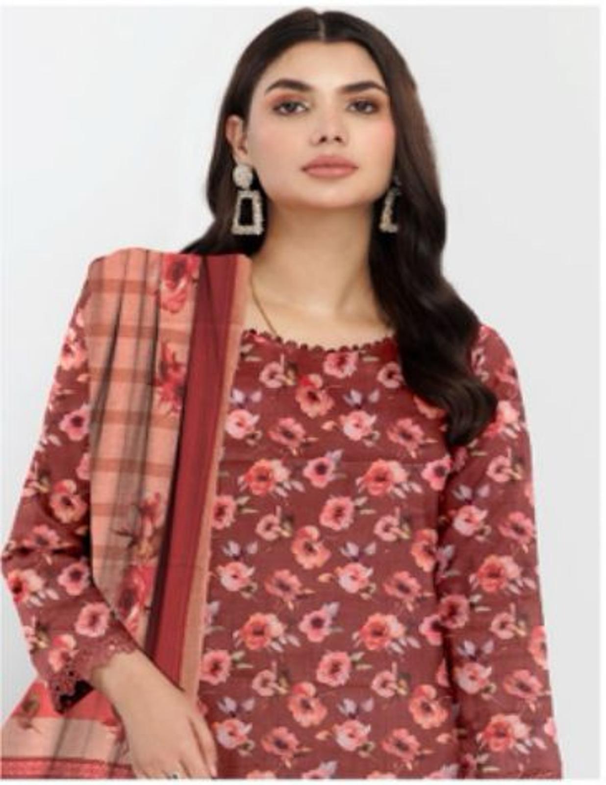 3-Pc Premium DIigital printed Lawn  Rust Rose Floral–Suit with lawn dupatta  (Unstitched)
