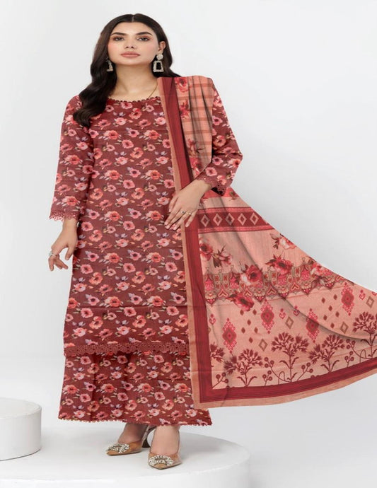 Alkaram Rust Rose Floral Digital-Print Lawn Suit – Unstitched 3-Piece