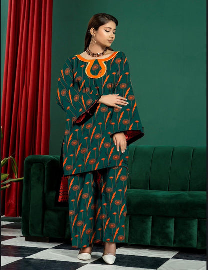 2-Piece Deep Teal & Sunset orange Floral Unstitched Lawn Suit