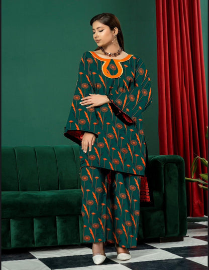 2-Piece Deep Teal & Sunset orange Floral Unstitched Lawn Suit